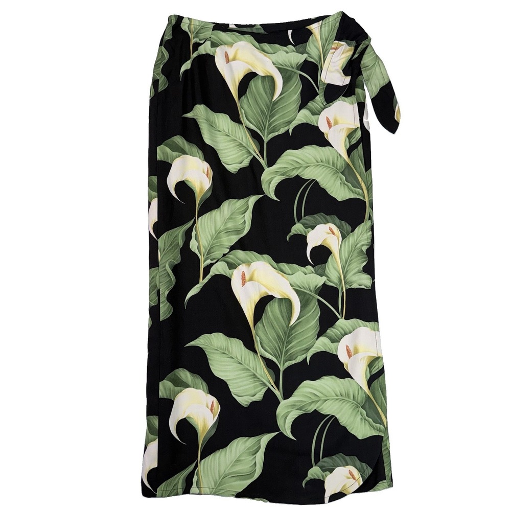 Vintage Y2K Tommy Bahama Silk Wrap Skirt M Black Calla Lily Tropical Maxi Resort